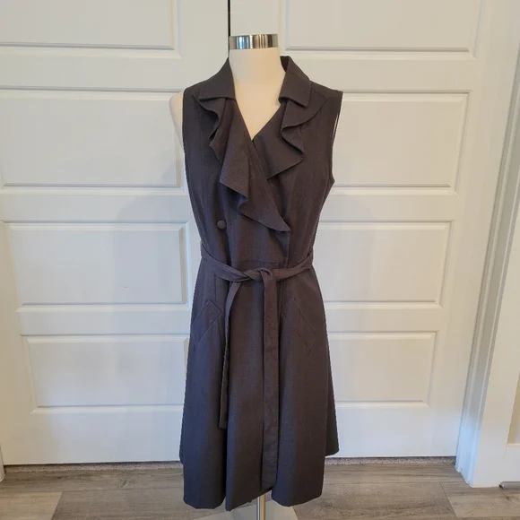 SANDRA DARREN Black Ruffled Gray Double- Breasted Blazer Midi Dress Size 10 - Picture 2 of 15